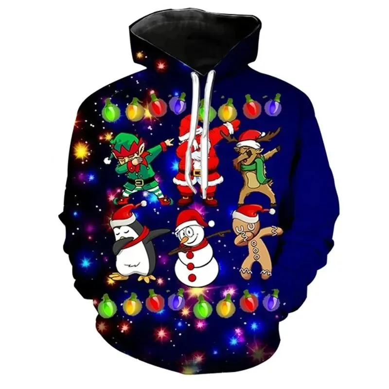 2025 3D Printed Merry Christmas New Sportswear Santa Claus Snowman Printed Polyester Fiber Long Sleeve Hoodie