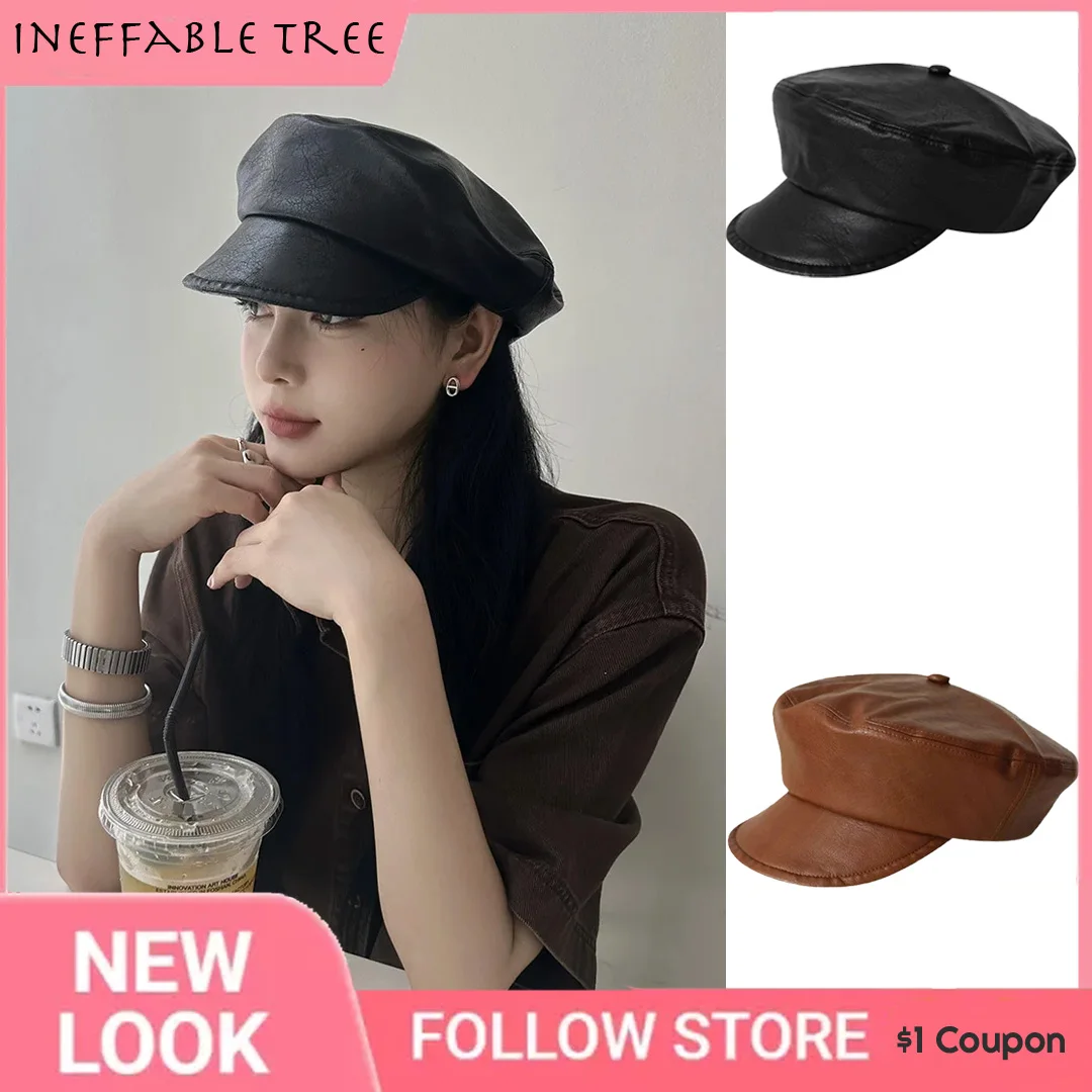 

INS French Vintage Big Soft PU Octagonal Hats for Women Men Female Leather Duck Tongue Caps Beret Women Hat Casquette Homme