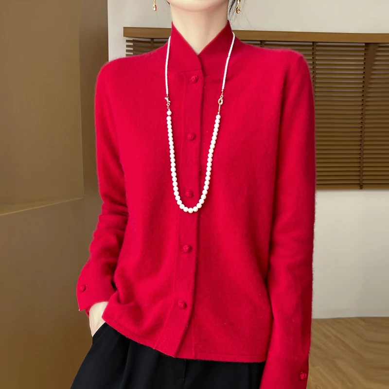 New Chinese stand collar new 100% Merino wool cardigan Autumn and winter vintage solid color sweater coat loose knit top