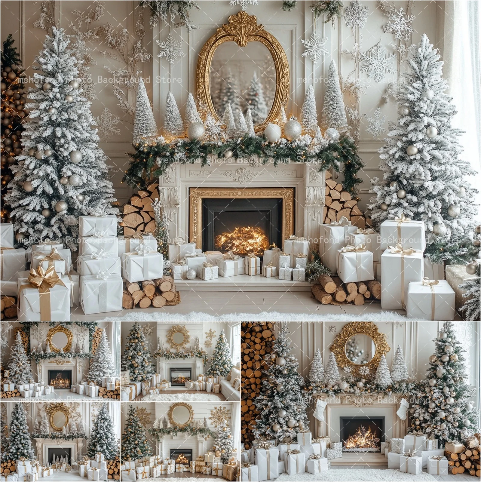 

Mehofond Photography Background Christmas Tree Gift Box Retro Style Mirror Fireplace Fire Kids Family Portrait Backdrop Decor