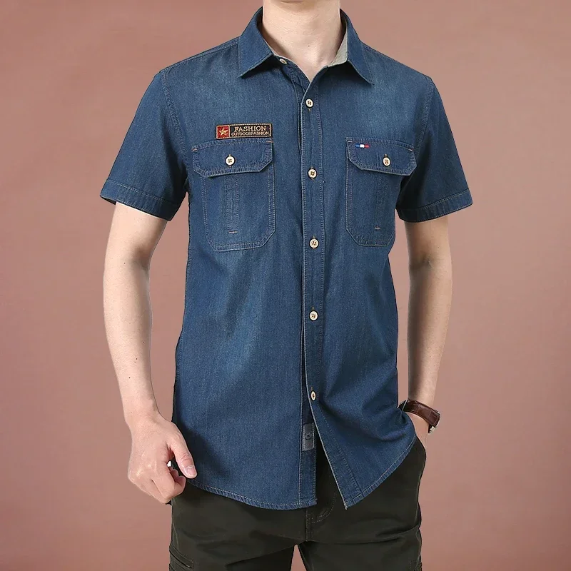 

Men's Fashionable Denim Shirt Summer New Short Sleeve Shirt Hawaiian Beach Social Shirt Designer Clothes Luxury Custom Cardigan