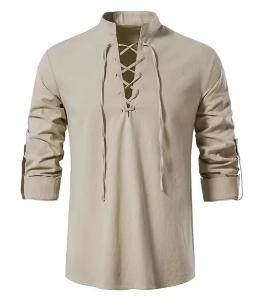 

Vintage Men's Shirt Solid color Cotton Linen Shirt 2026 Spring Autumn Men's Casual Long Sleeve Drawstring Neck T-shirt US Size