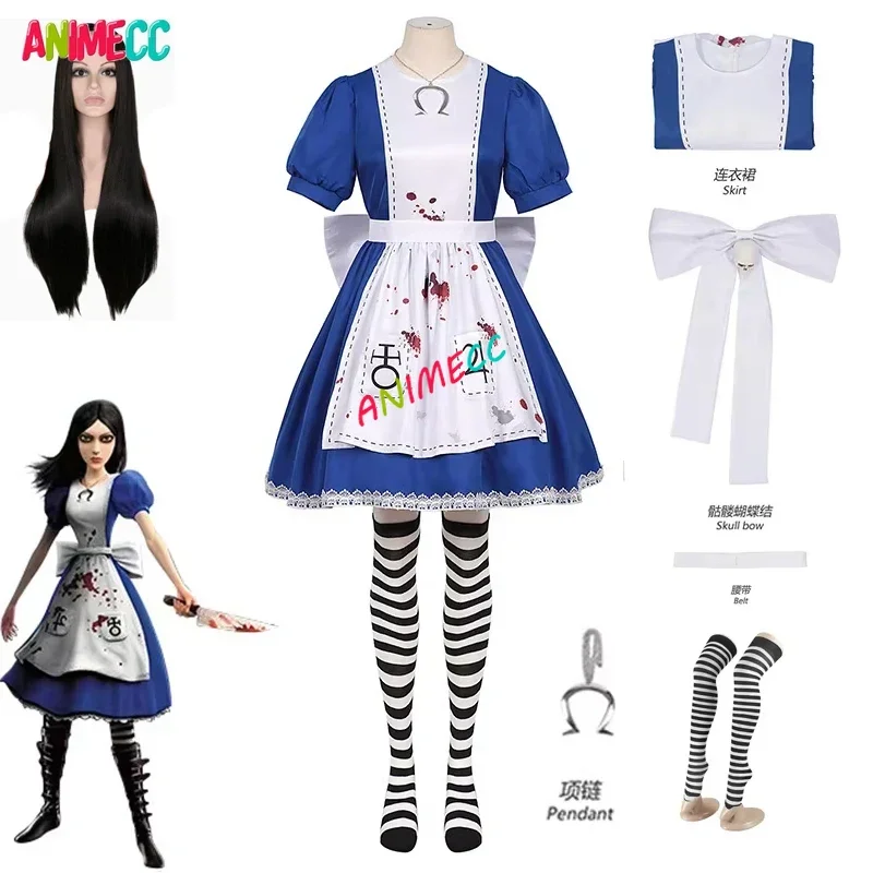 

ANIMECC in Stock XS-XXL Alice Madness Returns Cosplay Necklace Wig Socks Game Alice Maid Dress Halloween Party Outfits for Women