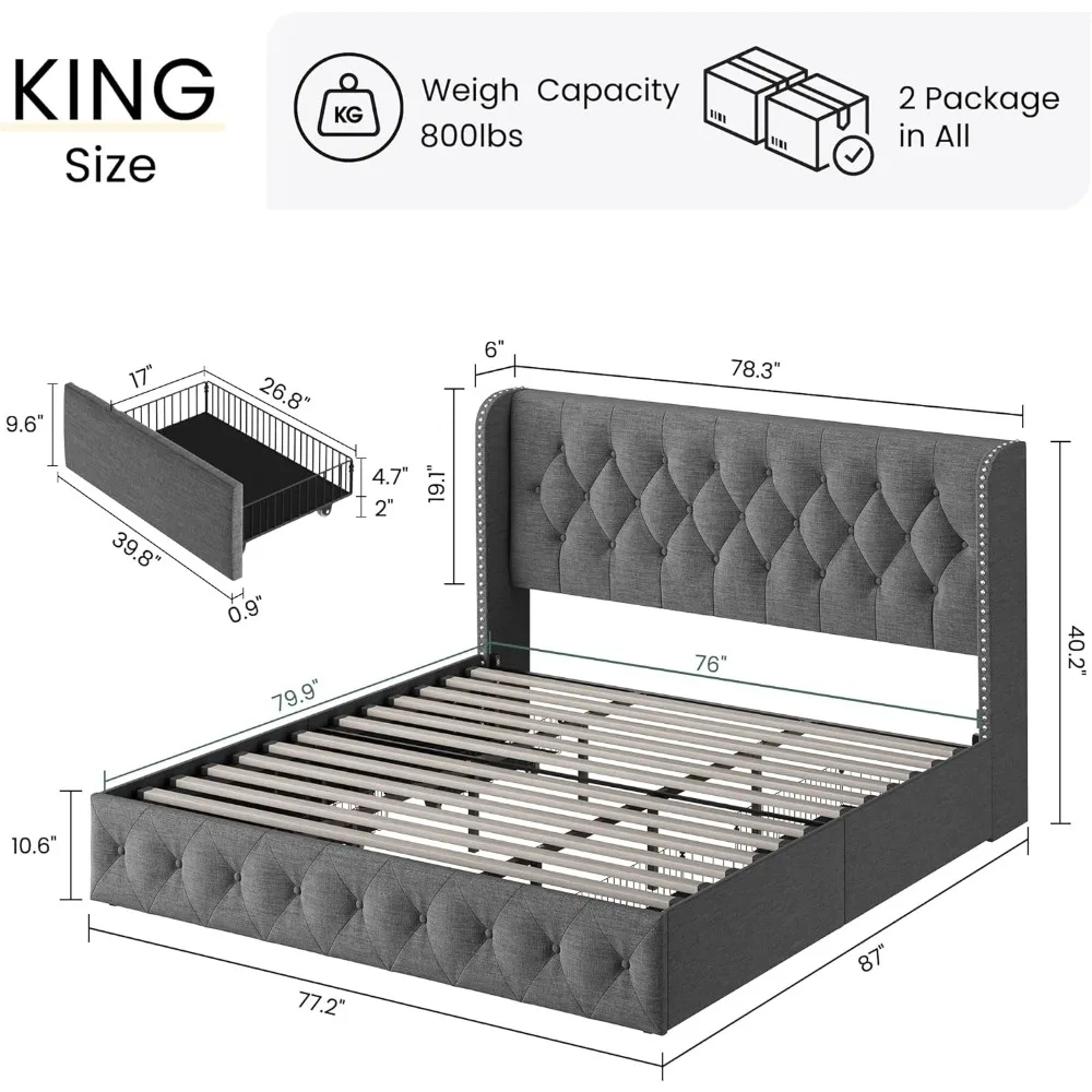 Marco de cama King Size, plataforma acolchada con 4 cajones de almacenamiento y cabecero, marco de cama Wingback, camas tapizadas de lino, gris