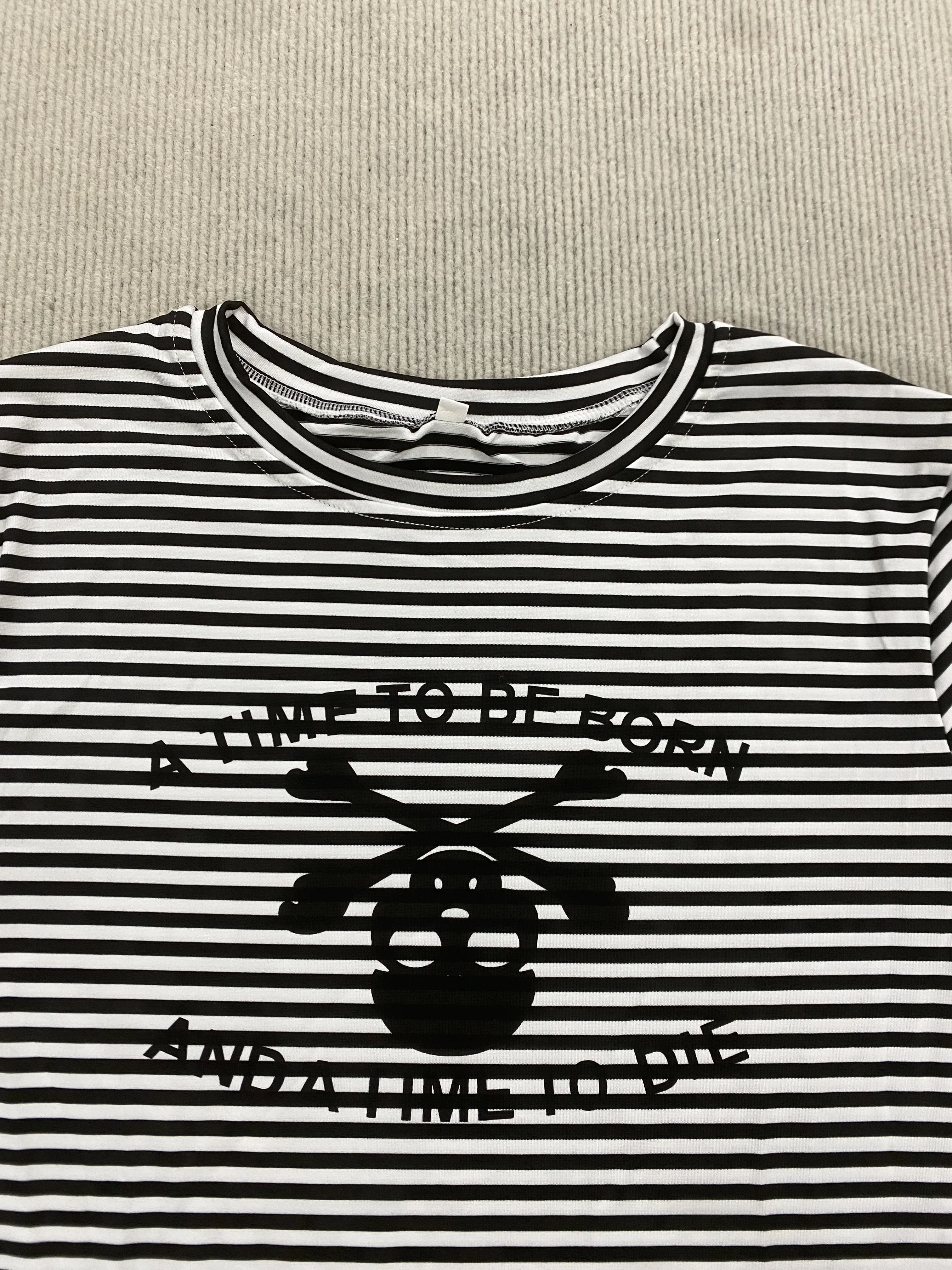 Retro-Streetstyle-T-Shirt mit Totenkopf-Muster, Streifenmuster und farblich abgestimmtem Design, Rundhalsausschnitt, lange Ärmel, Herbstmode, Neu. – Detail 5