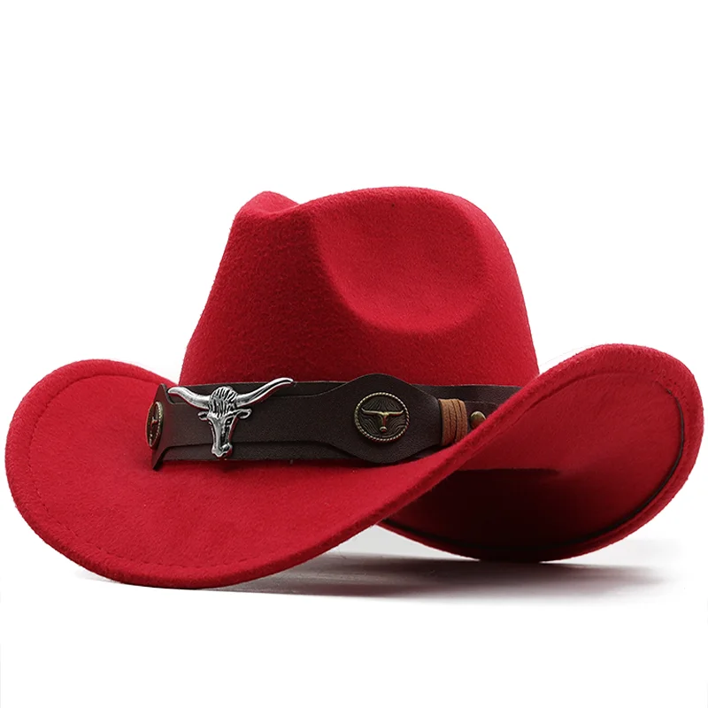 Sombrero de Jazz para Hombre, gorra de lana roja Simple, Chapeu, Sombrero de Cowboy del Oeste, caballero, papá, talla 56-58cm