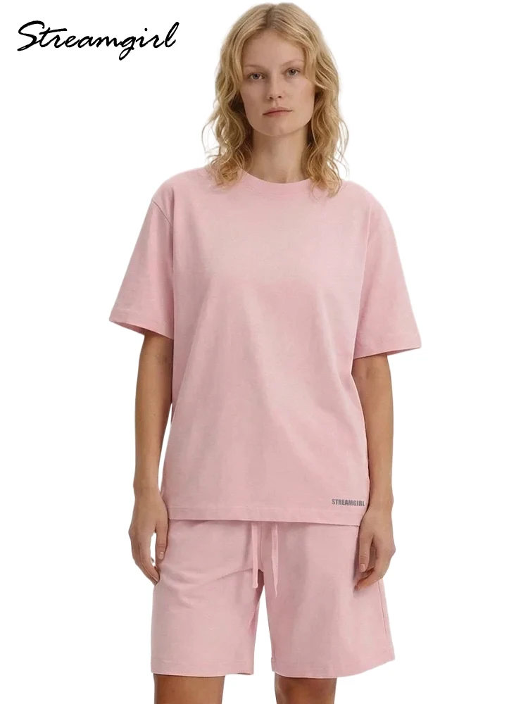 

Pink 2 Pieces Set For Women Summer Shorts Sets And Oversized T Shirts Cotton Two Piece Outfits Women Suits Shorts With T Shirt