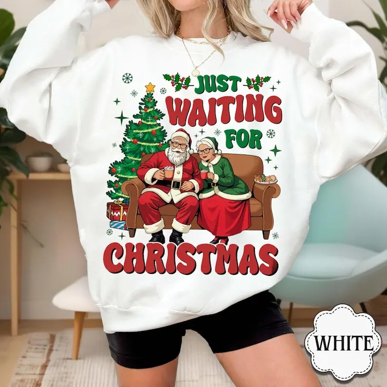 Just Waiting for Christmas Women's Sweatshirt Santa Claus Retro Sweater Merry Christmas Holiday Funny Party Tops Graphic Clothes