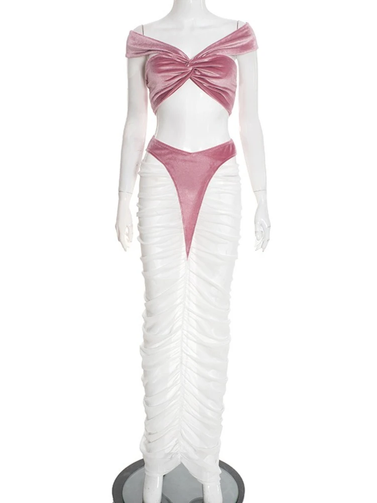 ชุดเซ็กซี่ 2 ชิ้น สำหรับงานปาร์ตี้ ชุดออกงานผู้หญิง เสื้อครอปกำมะหยี่แบบผูกเอวเปิดไหล่ และกระโปรงตาข่ายรัดรูปแบบเว้า