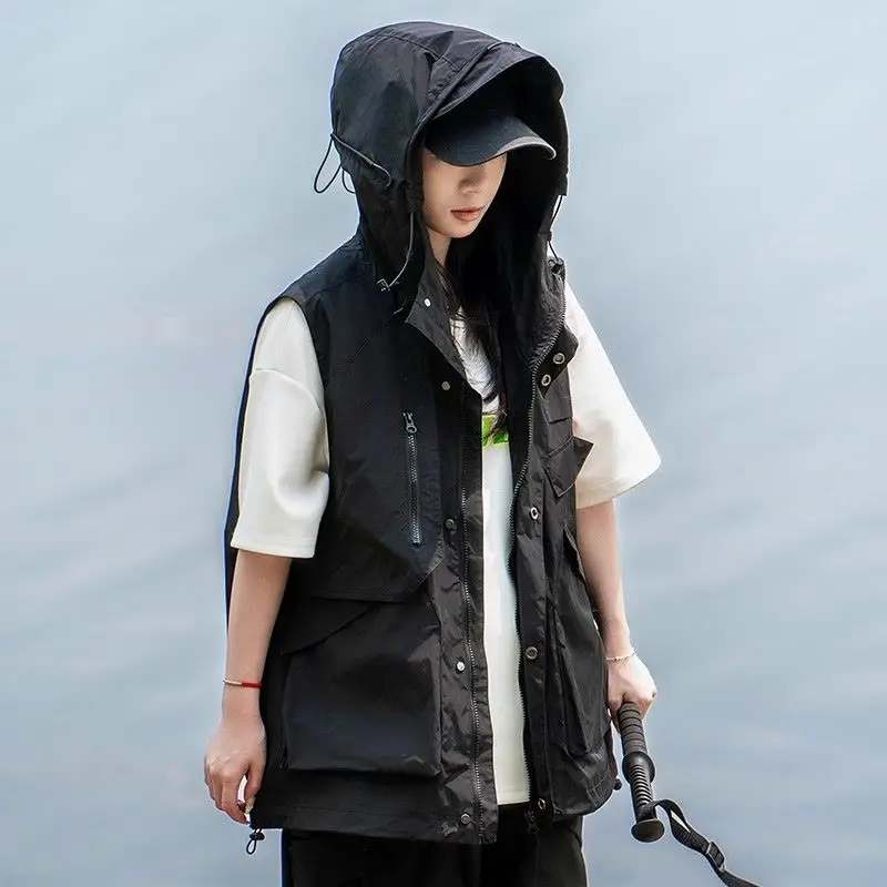 Women's All-Season Waterproof Hooded Utility Vest - Breathable Hiking Sleeveless Jacket with Oversized Pockets for Outdoor