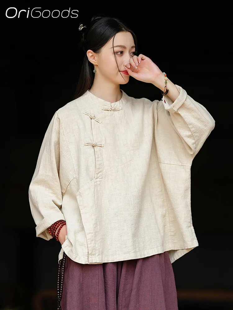 OriGoods Oversized Ramie Shirt Women 2024 New Autumn Long Sleeve Coat Shirt Zen Style Top Loose Chinese Traditional Clothes C078