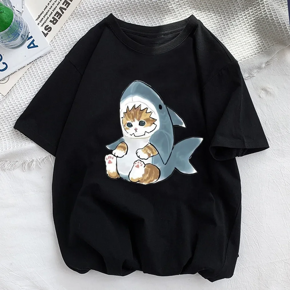 Tops Woman 2024 T Shirt Kawaii Cat Shark Print T-shirt Summer Korean Harajuku Fashion Short Sleeve Tee Funny Animal Graphic Tee