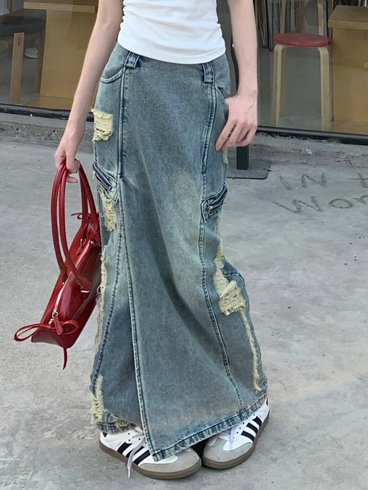 Gonna lunga in denim a sirena a tromba con foro lavato per donna Gonna slim a vita alta con nappe di media lunghezza