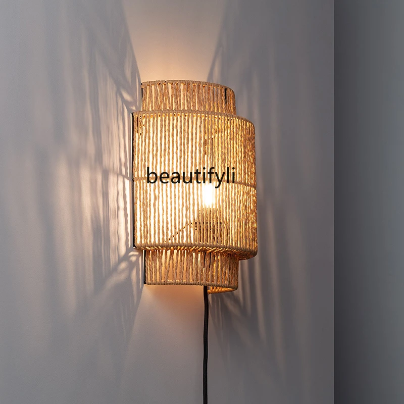 Bedroom Wall Lamp Bedside Lamp Japanese Style Hotel Homestay Aisle Lamp Hand-Woven Hemp Rope Wall Lamp