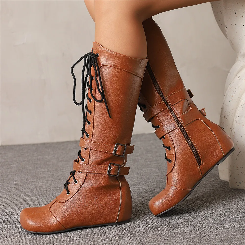 

Daily Leisure Women Knee High Boots Lace Up Internal height Shoes PU Leather Belt Buckle High Boot Retro Cute Flat Shoes Size 43