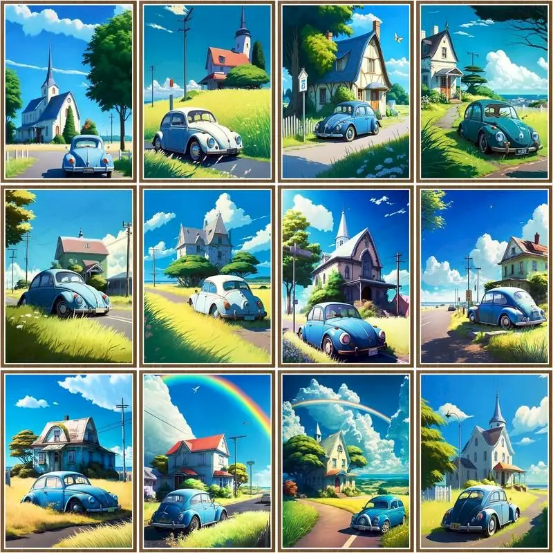 

CHENISTORY Painting By Numbers House Landscape HandPainted DIY Oil Painting Blue Car Drawing On Canvas Unique Gift Home Decor