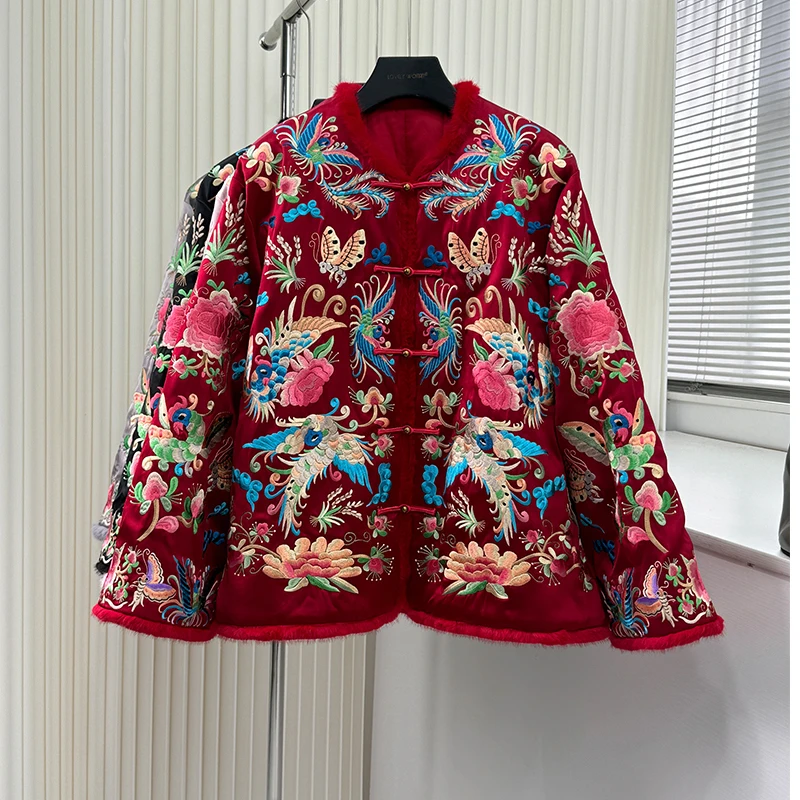 High end Autumn Winter New Round Neck Acetate Fabric Embroidered Butterfly Single breasted Women's Cotton Jacket S-XL