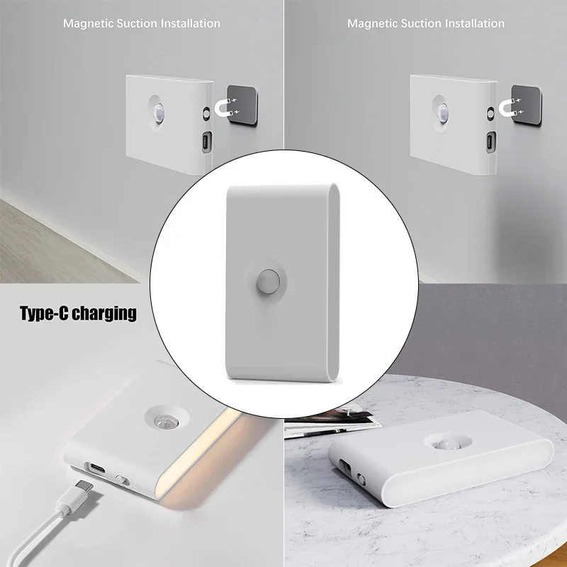 

1pc Intelligent Induction Night Light LED Human Body Infrared Type-C Charging Wireless Magnetic Induction Light Bedroom Light