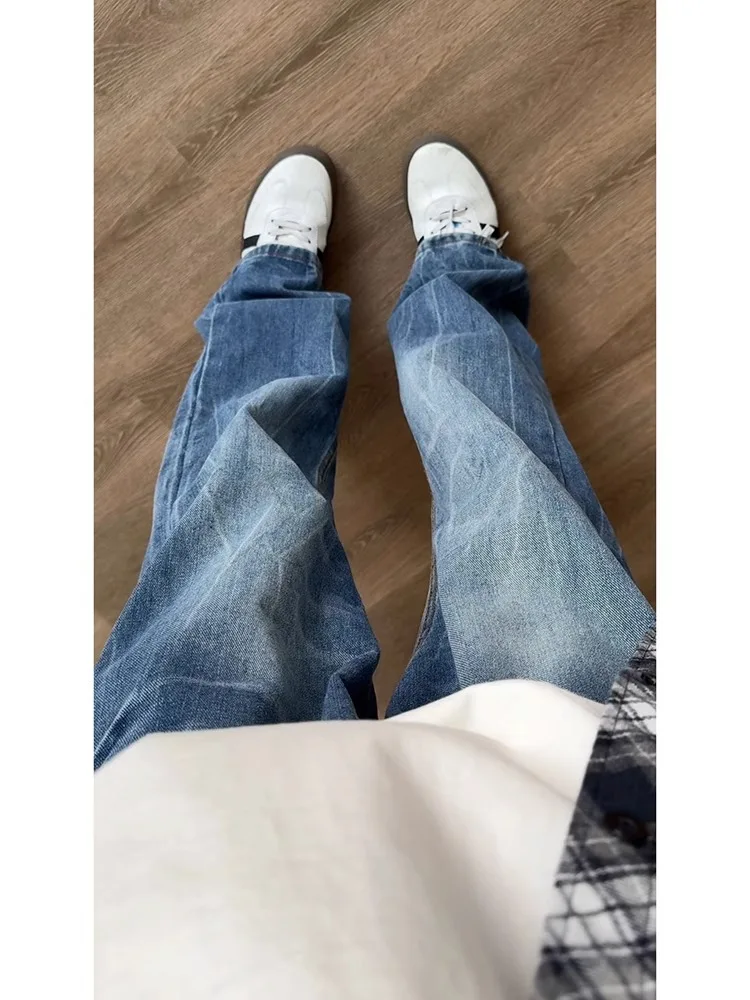 

American High Street Lightning Pattern Men's High Waist Jeans Slimming Straight Leg Micro Flared Pants Youth Trendy Cotton Po...