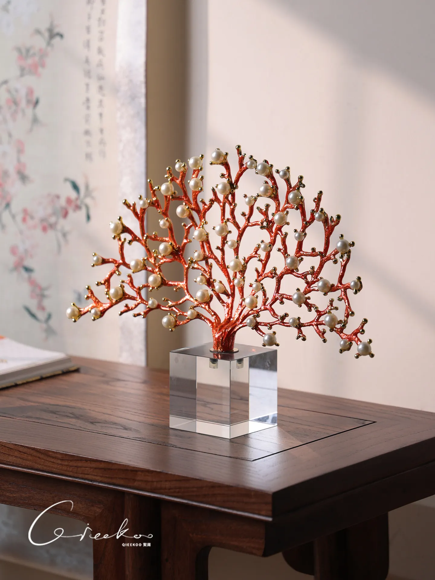 New Chinese Style Pearl Coral Ornament, Elegant Tabletop Decor Craft for Living Room Entryway Home Decoration Gift