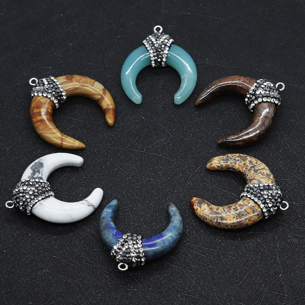 1pcs Natural Stone Fashion Horn Necklace Crescent Necklace Pendant with Rhinestones DIY Blue Crystal Quartz Reiki Ladies Men