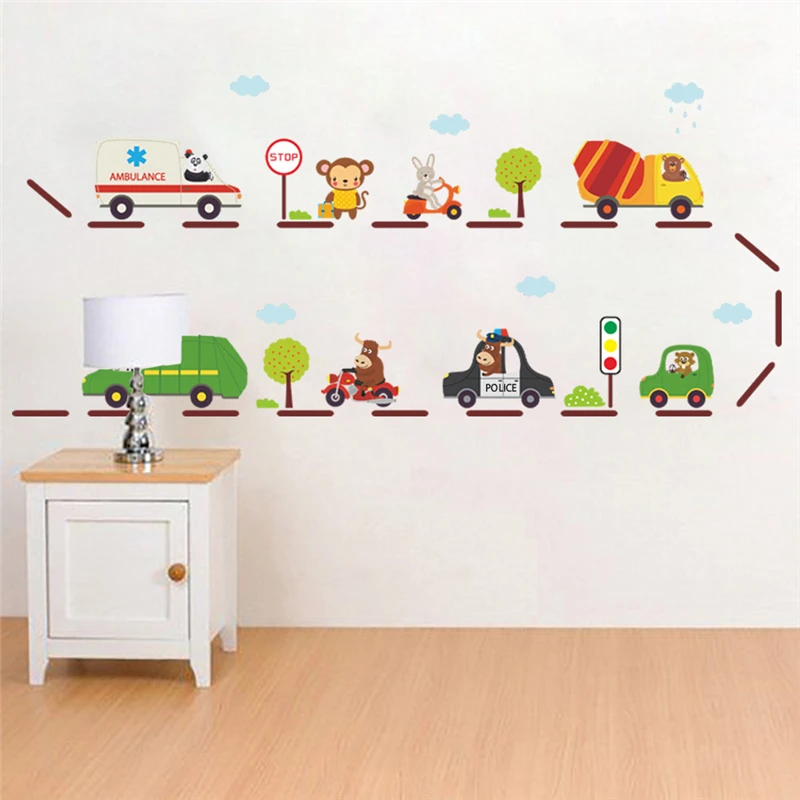 Cartoon Animal City Transportation Cars Wall Sticker For Kids Room Decoration Nursery Safari Wall Mural Art Diy Home Decal