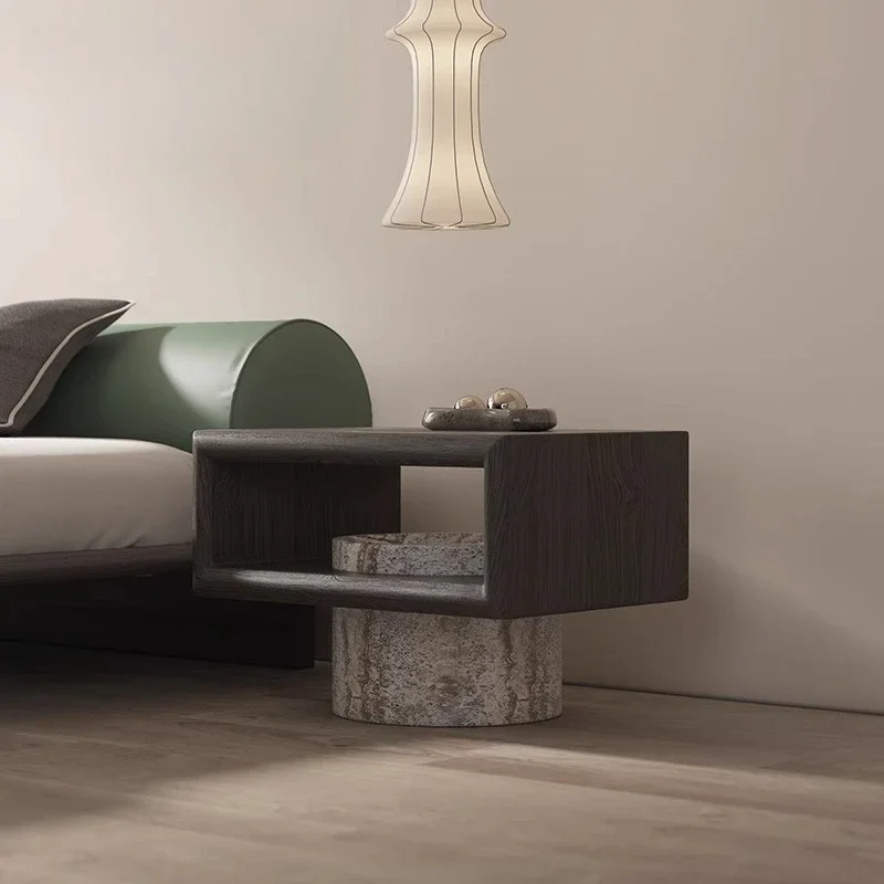 

02 Italian Minimalist Natural Marble Bedside Table with Transparent Glass Bedroom Nightstand