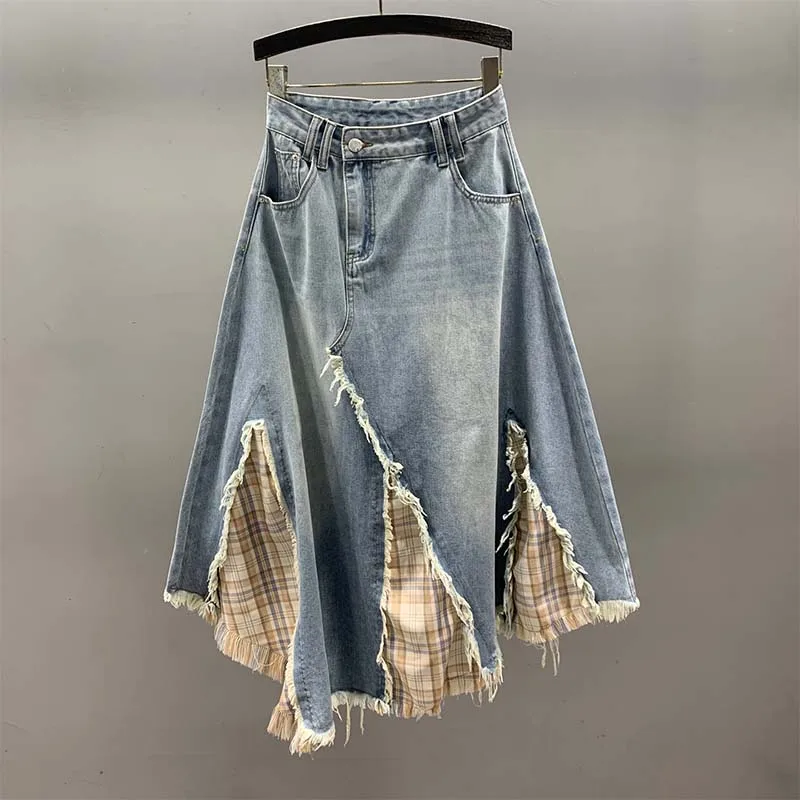Retro Plaid Stitching Denim Skirt Female Spring summer 2026 New High Waist Loose Slim A-shaped Big Swing Skirt