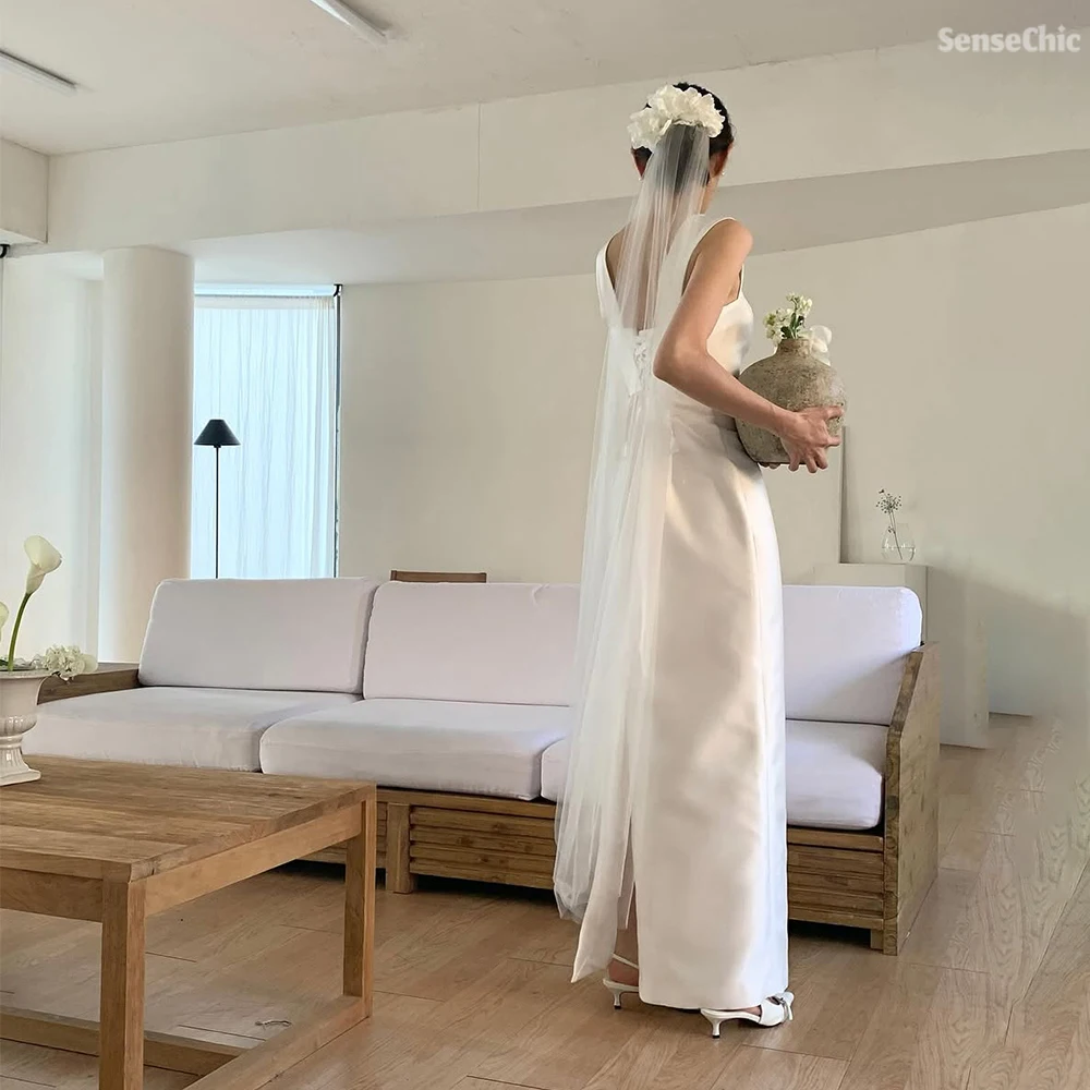 우아한 스퀘어 칼라 한국 웨딩 드레스 새틴 민소매 a 라인 파티 한국 사진 촬영 간단한 신부 가운 드레스 맞춤형