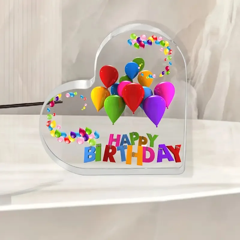 Placa acrílica de feliz cumpleaños, adorno acrílico transparente con forma de corazón para regalos de cumpleaños, suministros exquisitos para decoración del hogar, 1 ud.