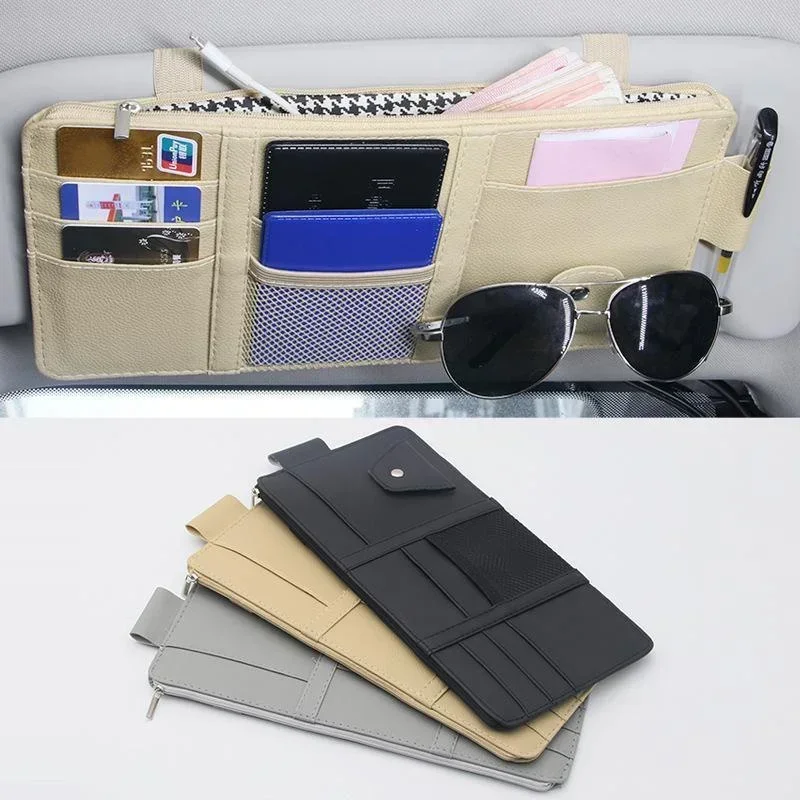 Car Sun Visor Point Pocket Organizer Holder Pu Leather Car Sun Visor Credit Card Organizer Storage Money Holder Sunglasses Clip