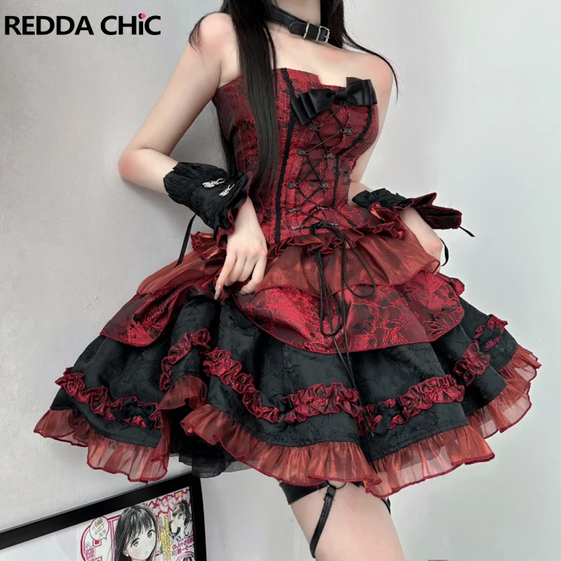 ReddaChic Victoria Retro Princess Lace Up Bow Corset Tube Top Jacket Ruffle Cake Miniskirt Petticoat Goth Lolita Women Dress Set