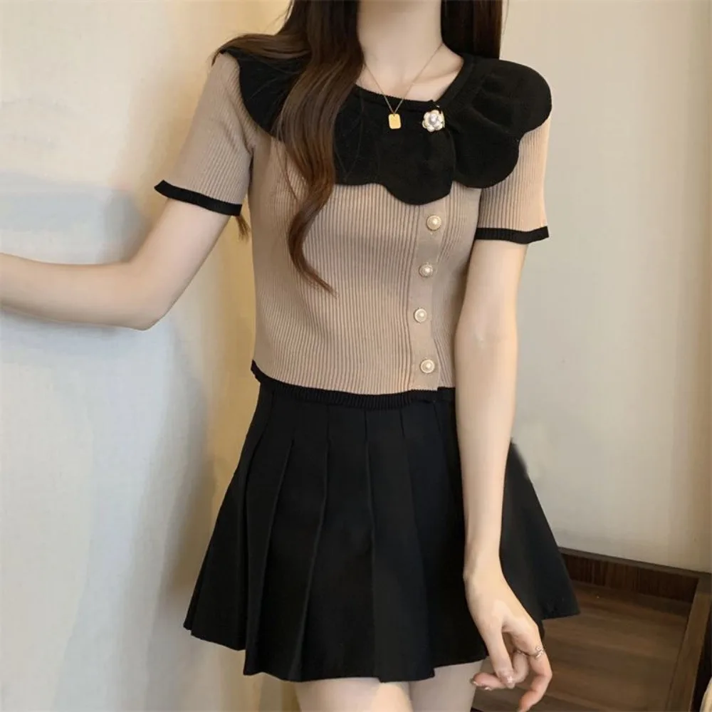 

Fashion O-neck Ruffle Knit T-shirt Short Flower Button Slim Crop Tops Shirt Streetwear Female Top Short knitwear Vest Girls