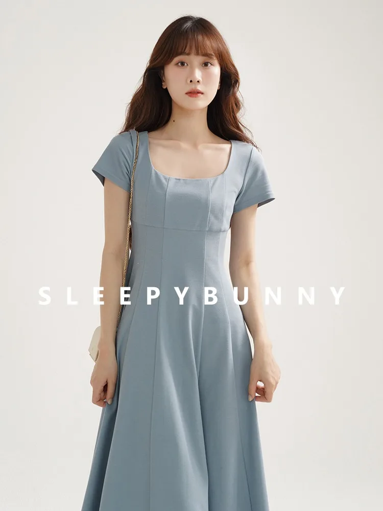 

Elegant Vintage Dress Women Summer Slim Fit A-Line Long Dress Short Sleeve Korean Waist-Cinching Sweet Casual Outfit Daily Look