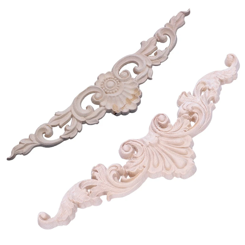 2 Pcs Wood Carved Corner Onlay Applique Furniture Home Decor, 30X7cm & 20X5cm