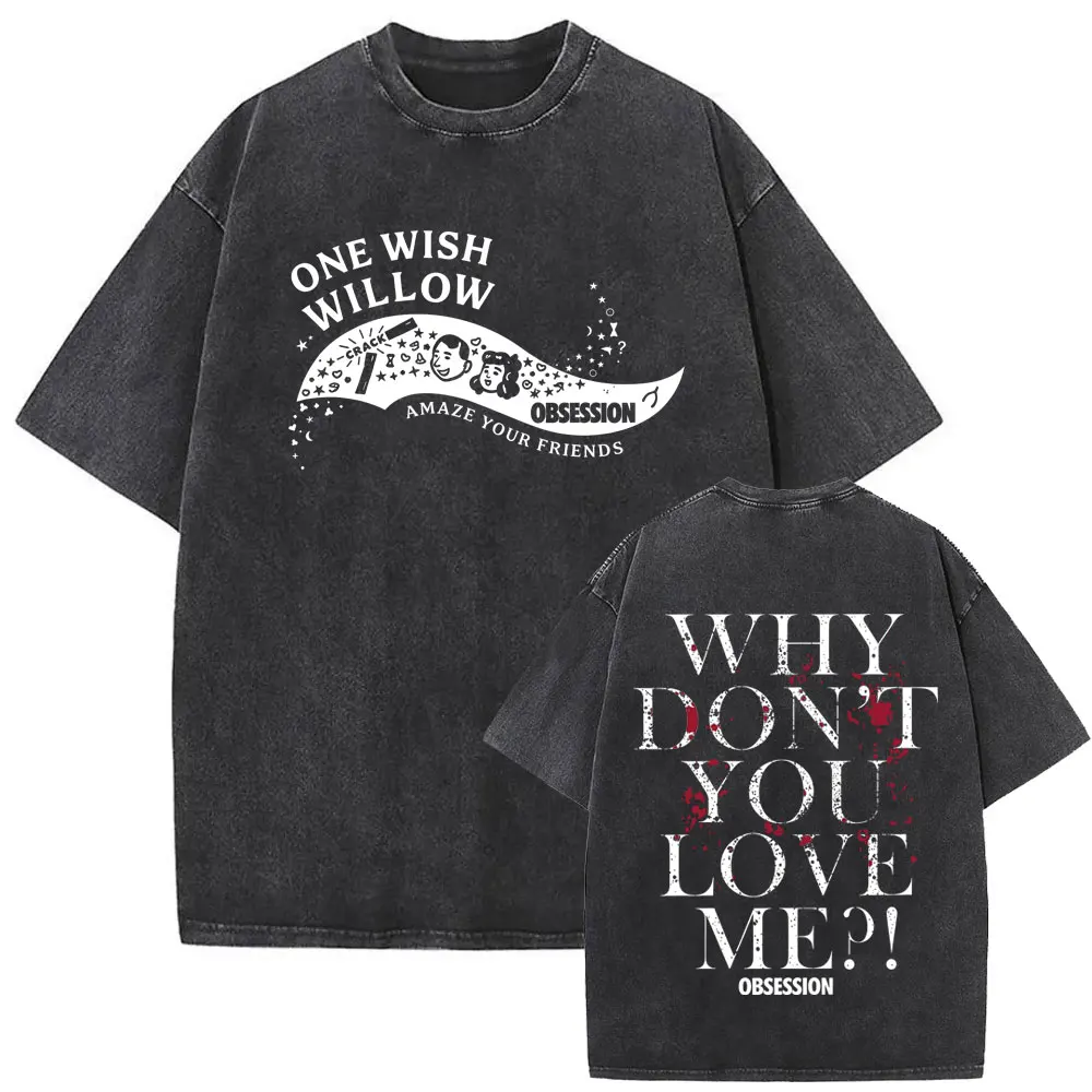 Washed Vintage Horror Movie Obsession Print T-shirt Men Women Casual Oversized Cotton T Shirts Male Fashion Gothic Rock T-shirts