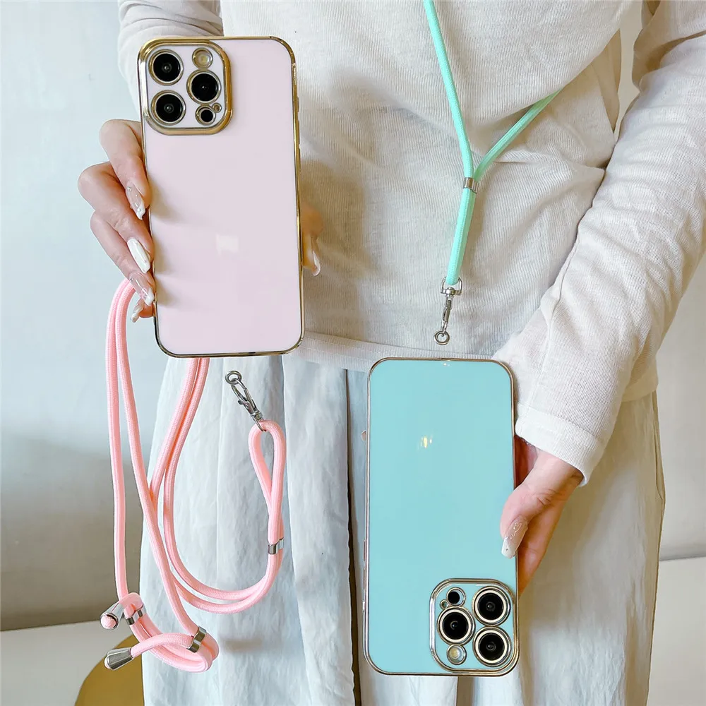 Lanyard Plating Phone Case For Xiaomi Redmi 10 12 13 13C 10A 12C 9 9C 10C A3 A1 A2 Plus 9A Necklace Strap Cord Chain Soft Cover