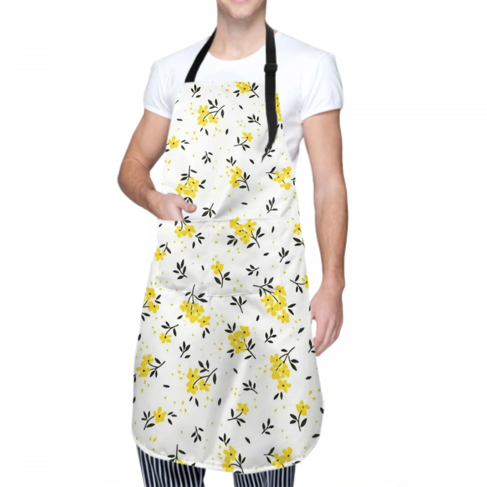 Black Leaves Waterproof Apron with 2 Pockets Kitchen Chef Aprons Bibs for Grooming Cooking Baking Painting Gardening