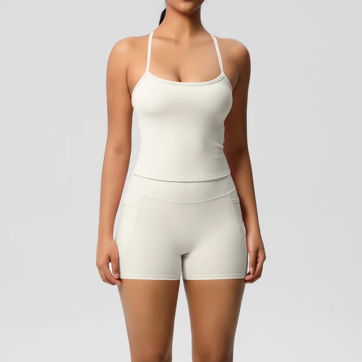 2PCS 2-piece Women's Sets Solid Color Beautiful Back Strap Yoga Vest with Chest Pad Quick-Dry High Waist Fitness Pockets Shorts
