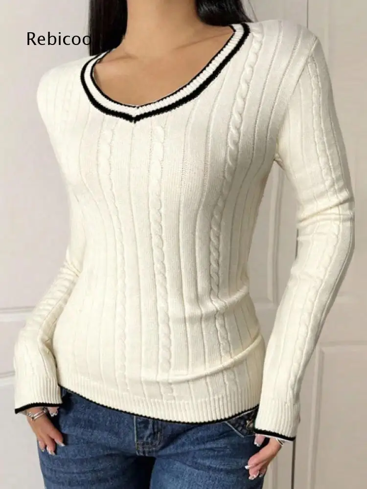 Slim Fit Cable Knit Sweater For Women V Neck Contrast Neckline Trim Long Sleeve Ribbed Pullover For Outdoor Daily Dressing