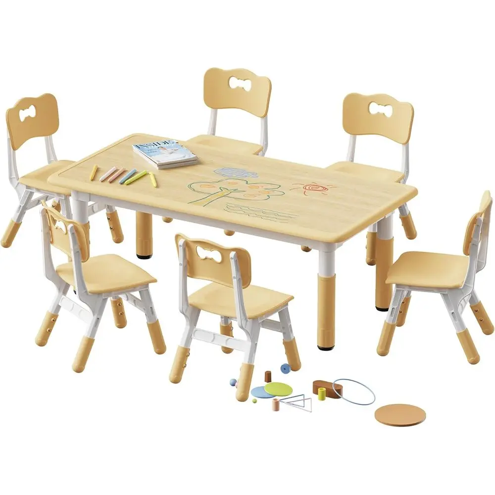

6 Chairs Set, Height Adjustable Toddler Desk, Graffiti Desktop, Multi-Activity Table for Ages 2-8