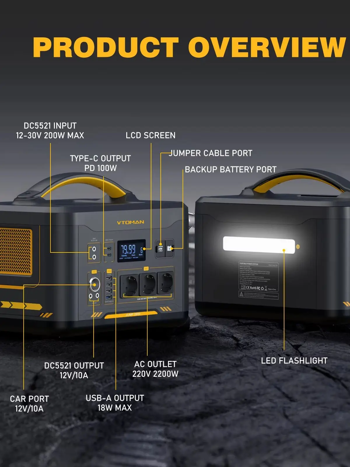 VTOMAN JUMP 2200 Tragbare Powerstation 1548Wh LiFePO4-Batterie Reiner Sinuswellen-Solargenerator, Notstromversorgung für Stromausfall zu Hause, Camping, Wohnwagen