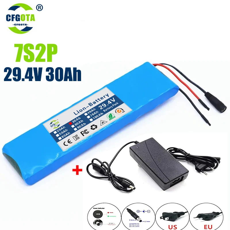 Batterie aste articulation ion pour vélo électrique, 24V, 30Ah, 7s2p, 18650, 29.4V, 30000mAh, cyclomoteur, scooter inférieur, chargeur inclus