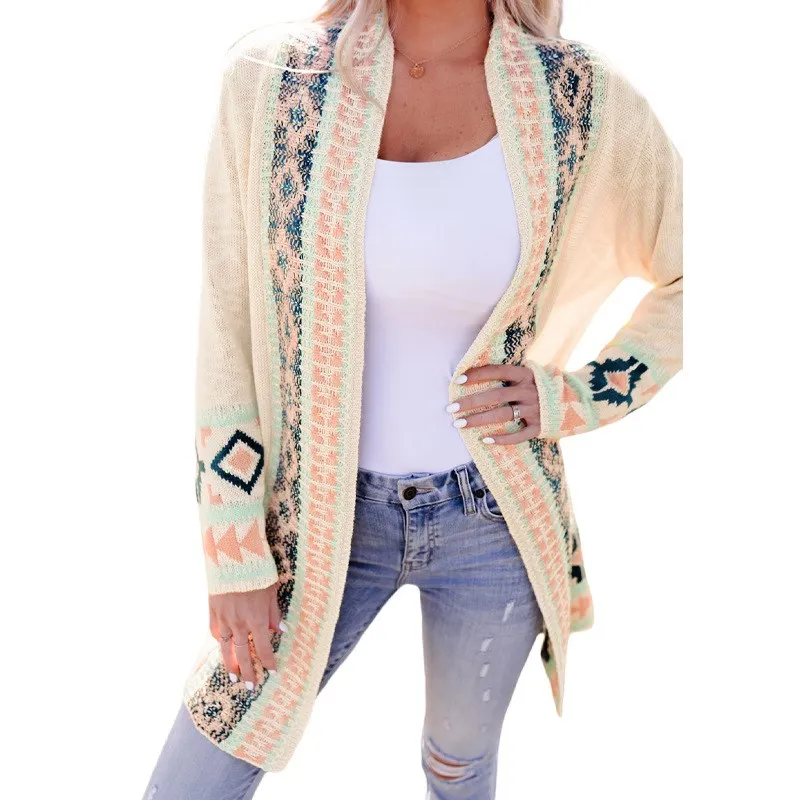 

Winter Apricot Print Long Cardigan Sweater Loose Fit Open Front Knitwear Thiened Warm Sle Casual Fem Faion