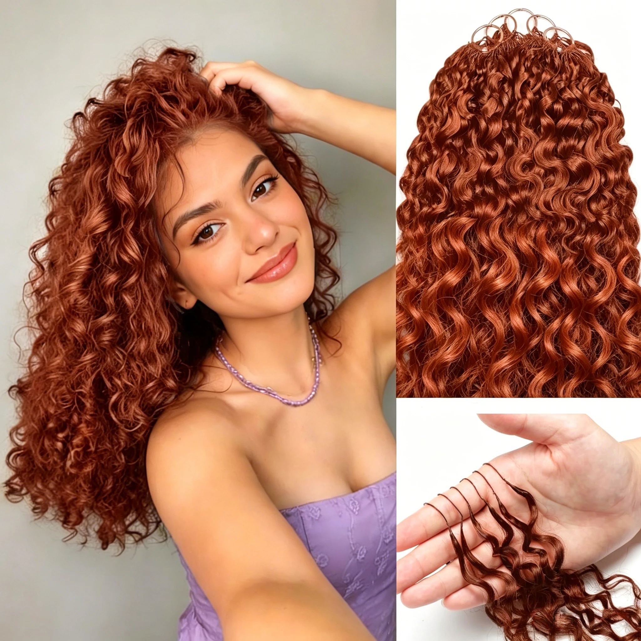 Bling Hair #33 Reddish Brown Color Burmese Curly Feather Crochet Human Hair Extensions 50g Pre-Separated Invisible Miracle Knots Feather Crochet Human Hair Extensions For Women