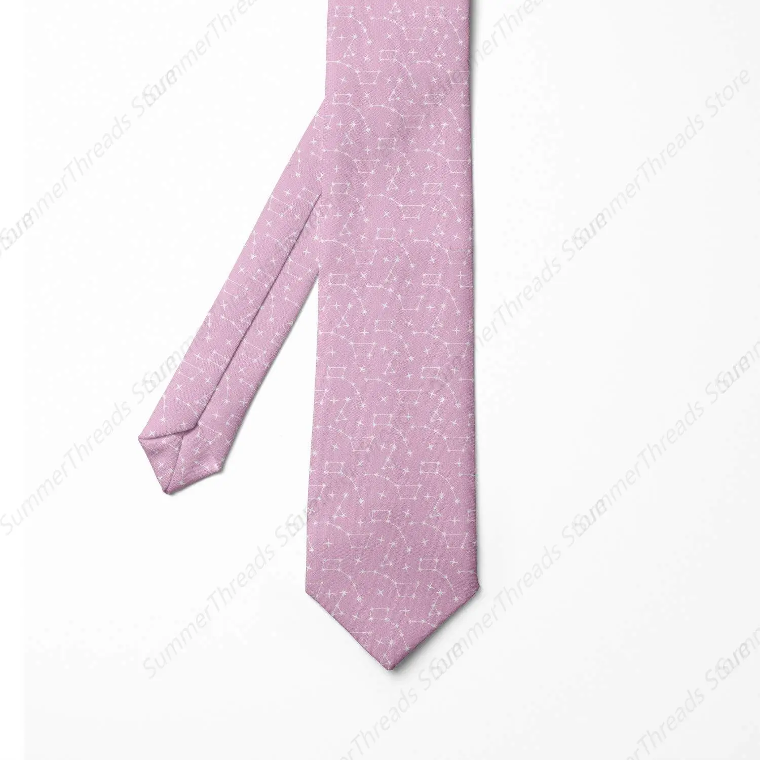 Stars Men's Tie, Constellation Sky Astronomy Space Exploration Celestial Galaxy Zodiac Pattern Pink and White