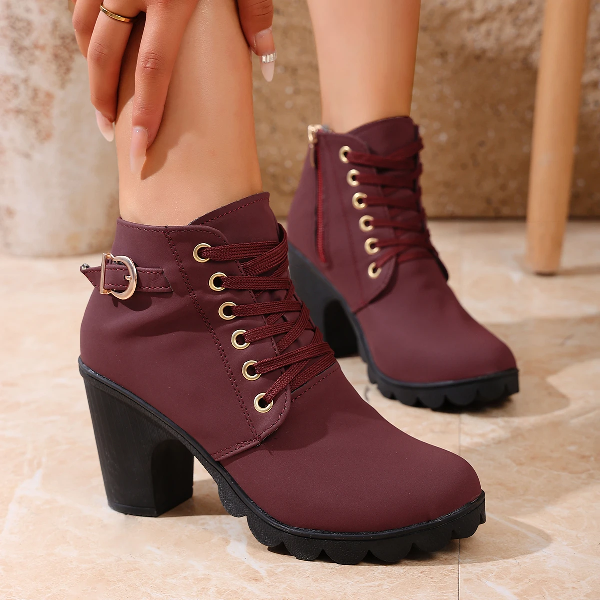 Women Ankle Boots Spring Winter Fashionable Boots Women Comfortable Versatile Lace-up Ladies Shoes Comfortable High Heels Shoes