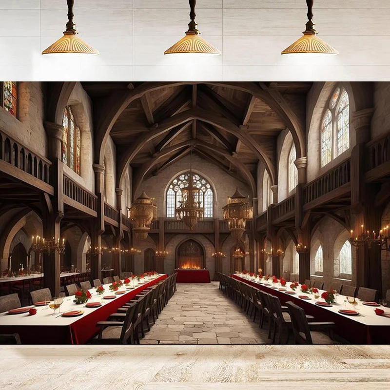 Photography Backdrop Medieval Tavern For Eatery Wood Building Tables Chairs Wild Background Interior Decor Poster Banner