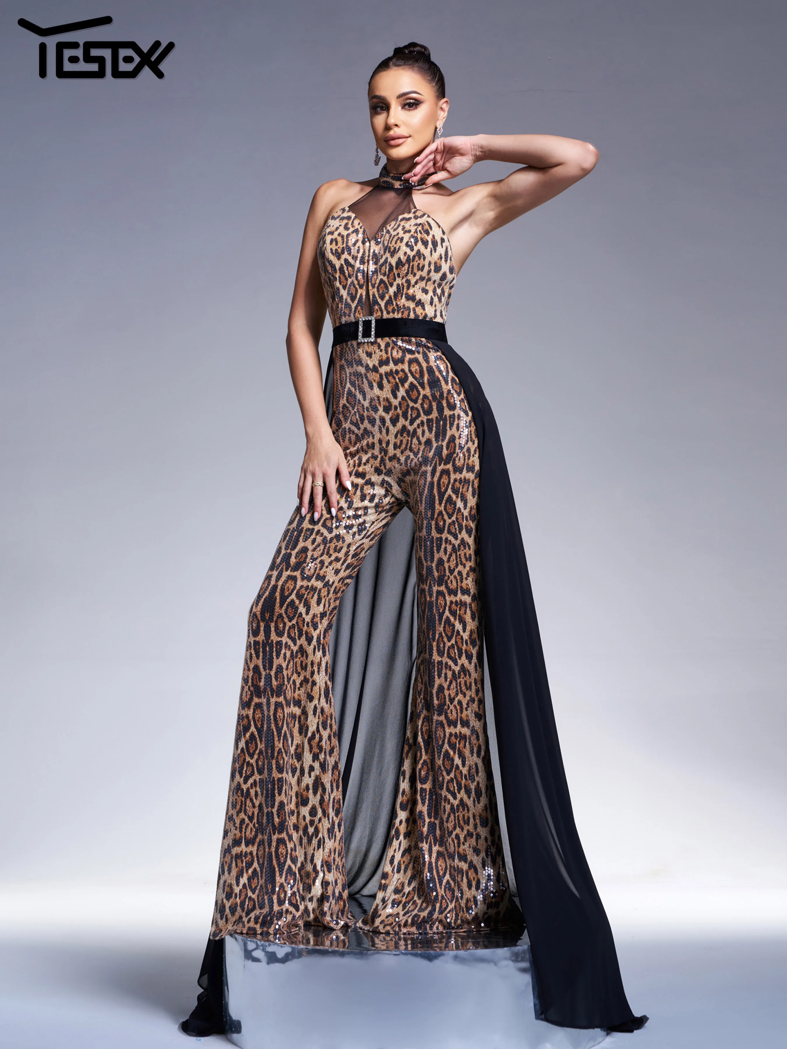 Yesexy New Black Sequin Halter Backless Chic Elegant Formal Occasion High Quality Luxury Leopard Print Mesh Long jumpsuit