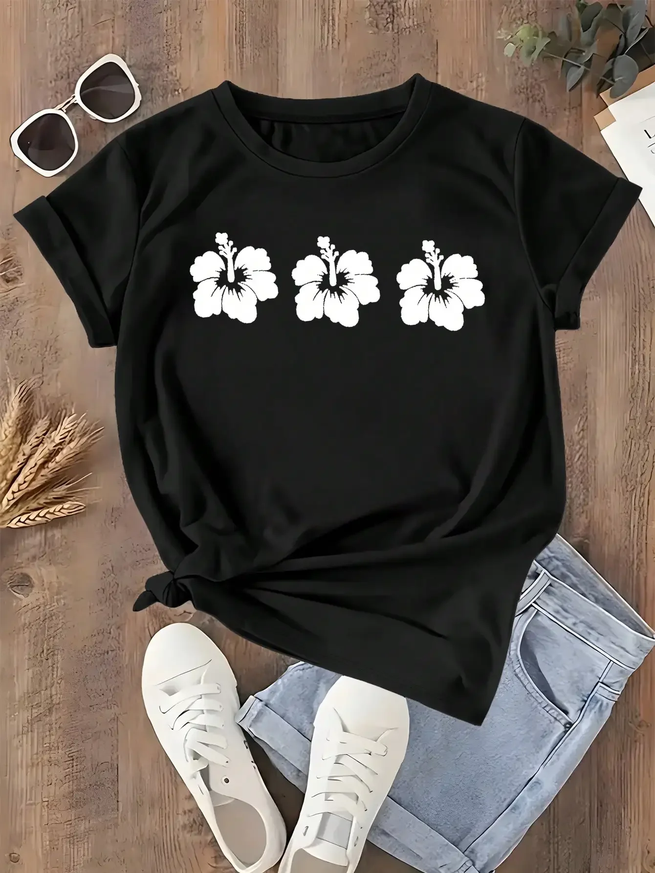 Camiseta feminina plus size com estampa de manga curta, solta e casual, macia e confortável respirável, esportes ao ar livre